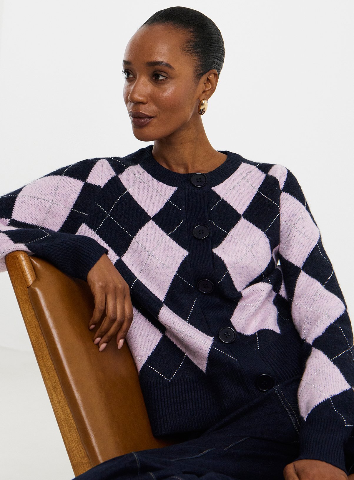 JD WILLIAMS Diamante Argyle Crew Neck Cardigan 12-14 - Image 1 thumbnail